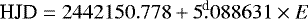 \begin{equation*} \textrm{HJD} = 2442150.778 &#x002B; 5{.\!\!^{\textrm{d}}}088631 \times E \end{equation*}
