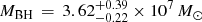 $ M_{\mathrm{BH}}\,=\,3.62^{+0.39}_{-0.22} \times 10^7\,{M_{\odot}} $