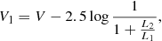 $$ \begin{aligned} V_1=V - 2.5 \log { \frac{1}{1+\frac{L_2}{L_1}}} ,\end{aligned} $$