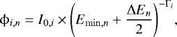 \begin{equation*} \phi_{i,n} = I_{0,i} \times \left(E_{\mathrm{min},n}&#x002B;\frac{\Delta E_n}{2}\right)^{-\Gamma_i}\!,\end{equation*}