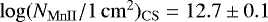 $\log(N_{\mathrm{MnII}}/1\,\mathrm{cm}^2)_{\mathrm{CS}}=12.7\pm0.1$