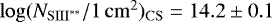 $\log(N_{\mathrm{SIII}^{**}}/1\,\mathrm{cm}^2)_{\mathrm{CS}} = 14.2\pm0.1$