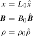 $$ \begin{aligned} x&=L_0 \hat{x}\\ {\boldsymbol{B}}&=B_0\hat{{\boldsymbol{B}}} \\ \rho&=\rho _0 \hat{\rho } \end{aligned} $$