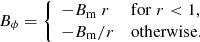 $$ \begin{aligned} B_\phi = \left\{ \begin{array}{ll} -B_{\rm m} \ r&{{\mathrm{for} } \; } r<1, \\ -B_{\rm m}/r&{\mathrm{otherwise.} } \end{array} \right. \end{aligned} $$