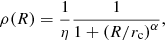 $$ \begin{aligned} \rho (R)=\frac{1}{\eta } \frac{1}{1+\left(R/r_{\mathrm{c} }\right)^\alpha }, \end{aligned} $$