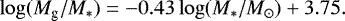 \begin{equation*} \log(M_{\textrm{g}}/M_{\ast}) = -0.43 \log(M_{\ast}/M_{\odot}) &#x002B; 3.75. \end{equation*}