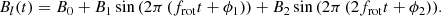 $$ \begin{aligned} B_l(t) = {B_0 + B_1 \sin \left(2\pi \left(f_{\mathrm{rot} } t + \phi _1\right)\right) + B_2 \sin \left(2\pi \left(2f_{\mathrm{rot} } t + \phi _2\right)\right)}\mathrm{.} \end{aligned} $$