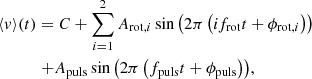 $$ \begin{aligned}&\langle { v} \rangle (t) = C + \sum ^{2}_{i=1} A_{\mathrm{rot} ,i} \sin \left(2 \pi \left(i f_{\mathrm{rot} }t + \phi _{\mathrm{rot} ,i}\right)\right) \nonumber \\&\qquad \quad \; {+A_{\mathrm{puls} } \sin \left(2 \pi \left(f_{\mathrm{puls} }t + \phi _{\mathrm{puls} }\right)\right)}, \end{aligned} $$