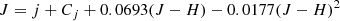 $$ \begin{aligned}&J = j + C_j + 0.0693 (J- H) -0.0177 (J-H)^2 \end{aligned} $$