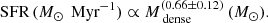 $$ \begin{aligned} {\text{ SFR}}\, (M_{\odot }\,{\text{ Myr}}^{-1}) \propto M_{\text{ dense}}^{(0.66 \pm 0.12)}\, (M_{\odot }). \end{aligned} $$