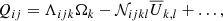 $$ \begin{aligned} {Q_{ij}}=\Lambda _{ijk} \Omega _k - {\mathcal{N} }_{ijkl} \overline{U}_{k,l}+\ldots , \end{aligned} $$