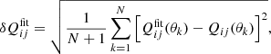 $$ \begin{aligned} \delta {Q_{ij}^\mathrm{fit}}=\sqrt{\frac{1}{N+1}\sum \limits _{k=1}^N \left[{Q_{ij}^\mathrm{fit}}(\theta _k) - {Q_{ij}}(\theta _k) \right]^2}, \end{aligned} $$