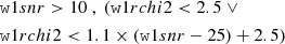 $$ \begin{aligned}&\mathtt w1snr > 10 \ , \ (\mathtt w1rchi2 <2.5 \ \vee \nonumber \\&\mathtt w1rchi2 < 1.1 \times (\mathtt w1snr -25) + 2.5) \end{aligned} $$
