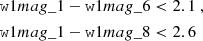 $$ \begin{aligned} \mathtt w1mag\_1 -\mathtt w1mag\_6&< 2.1 \ , \nonumber \\ \mathtt w1mag\_1 -\mathtt w1mag\_8&< 2.6 \end{aligned} $$