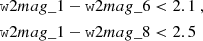 $$ \begin{aligned} \mathtt w2mag\_1 -\mathtt w2mag\_6&< 2.1 \ , \nonumber \\ \mathtt w2mag\_1 -\mathtt w2mag\_8&< 2.5 \end{aligned} $$