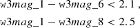 $$ \begin{aligned} \mathtt w3mag\_1 -\mathtt w3mag\_6&< 2.1 \ , \nonumber \\ \mathtt w3mag\_1 -\mathtt w3mag\_8&< 2.5 \end{aligned} $$