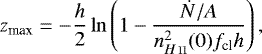 \begin{equation*} {z_{\textrm{max}}} = - \frac{h}{2} \ln \left(1- \frac{\dot{N}/A}{n_{{H}\,{\textsc{ii}}}^2(0) {f_{\textrm{cl}}} h}\right),\end{equation*}