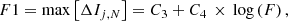 $$ \begin{aligned} F1=\max \left[\Delta I_{j, N }\right]= C_{3}+C_{4}\,\times \,\log \left(F\right), \end{aligned} $$