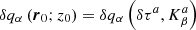 $$ \begin{aligned} \delta q_{\alpha } \left({\boldsymbol{r}}_0; z_0\right) = \delta q_{\alpha } \left(\delta \tau ^a, K^a_{\beta }\right) \end{aligned} $$