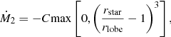 $$ \begin{aligned} \dot{M}_{2}= -C \mathrm{max}\left[0,{\left(\frac{r_{\rm star}}{r_{\rm lobe}}-1\right)^{3}}\right], \end{aligned} $$
