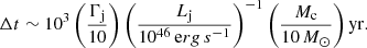 $$ \begin{aligned} \Delta t \sim 10^3 \left( \frac{\Gamma _{\rm j}}{10} \right) \left( \frac{L_{\rm j}}{10^{46}\, \mathrm erg\,s ^{-1}} \right)^{-1} \left( \frac{M_{\rm c}}{10\,M_{\odot }} \right) \mathrm{yr} . \end{aligned} $$