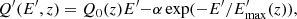 $$ \begin{aligned} Q^{\prime }(E^{\prime },z) = Q_0(z) E^{\prime }{-\alpha } \exp (-E^{\prime }/E^{\prime }_{\rm max}(z)), \end{aligned} $$
