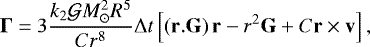 \begin{equation*} \mathbf{\Gamma} = 3\frac{k_{2}\mathcal{G}M_{\odot}^2R^5}{Cr^8}\mathrm{\Delta} t\left[ \left(\mathbf{r}.\mathbf{G}\right)\mathbf{r}-r^2\mathbf{G}+C\mathbf{r}\times\mathbf{v}\right], \end{equation*}