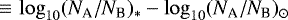 ${\,\equiv\,}\log_{10}(N_{\textrm{A}}/N_{\textrm{B}})_* - \log_{10}(N_{\textrm{A}}/N_{\textrm{B}})_{\odot}$