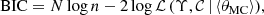 $$ \begin{aligned} \mathrm{BIC} = N\log n - 2\log \mathcal{{L}}\,(\Upsilon , \mathcal{{C}}\,|\,\langle \theta _{\rm MC} \rangle ), \end{aligned} $$