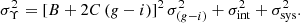 $$ \begin{aligned} \sigma _{\Upsilon }^2 = [B + 2C\,({ g}-i)]^2\,\sigma _{({ g}-i)}^2 + \sigma _{\rm int}^2 + \sigma _{\rm sys}^2. \end{aligned} $$