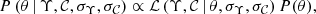 $$ \begin{aligned} P\,(\theta \,|\,\Upsilon ,\mathcal{{C}},\sigma _{\Upsilon },\sigma _\mathcal{{C}}) \propto \mathcal{{L}}\,(\Upsilon ,\mathcal{{C}}\,|\,\theta , \sigma _{\Upsilon }, \sigma _\mathcal{{C}})\,P(\theta ), \end{aligned} $$