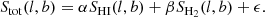 $$ \begin{aligned} S_{\rm tot}(l,b)=\alpha S_{\rm HI}(l,b)+\beta S_{\mathrm{H}_{2}}(l,b)+\epsilon . \end{aligned} $$