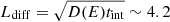 $ L_{\mathrm{diff}}=\sqrt{D(E)t_{\mathrm{int}}}\sim4.2 $