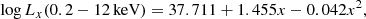 $$ \begin{aligned} \log L_{x}(\mathrm{0.2-12\,keV}) = 37.711 + 1.455 x - 0.042 x^2, \end{aligned} $$