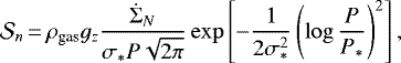 \begin{equation*} \mathcal{S}_n \,{=}\, \rho_{\textrm{gas}} g_z \frac{\dot{\Sigma}_N}{\sigma_{\ast} P \sqrt{2\pi}} \exp \left[-\frac{1}{2\sigma_{\ast}^2} \left( \log \frac{P}{P_{\ast}} \right)^2 \right],\end{equation*}