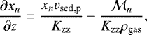 \begin{equation*}\frac{\partial x_n}{\partial z} = \frac{x_n v_{\textrm{sed,p}}}{K_{\textrm{zz}}} -\frac{\mathcal{M}_n}{K_{\textrm{zz}}\rho_{\textrm{gas}}}, \\ \end{equation*}