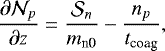 \begin{equation*}\frac{\partial \mathcal{N}_p}{\partial z} = \frac{\mathcal{S}_n}{m_{\textrm{n0}}} - \frac{n_p}{t_{\textrm{coag}}}, \end{equation*}