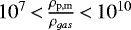 $10^{7}\,{<}\,\frac{\rho_{\rm{p,m}}}{\rho_{gas}}\,{<}\,10^{10}$