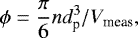 \begin{equation*}\phi =\frac{\pi}{6} n d^3_{\textrm{p}} / V_{\textrm{meas}}, \end{equation*}