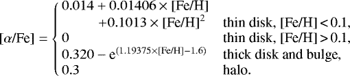 \begin{equation*} \mbox{[$\alpha$/Fe]}= \left\{\!\! \begin{array}{lll} 0.014&#x002B;0.01406\times\mbox{[Fe/H]} \\ \hspace{0.9cm} &#x002B;0.1013\times\mbox{[Fe/H]}^{2} & \mbox{thin disk, [Fe/H]\,<\,0.1}, \\ 0 & \mbox{thin disk, [Fe/H]\,>\,0.1},\\ 0.320-\mbox{e}^{(1.19375\times{\textrm{[Fe/H]}}-1.6)} & \mbox{thick disk and bulge}, \\ 0.3 & \mbox{halo}. \\ \end{array} \right. \end{equation*}