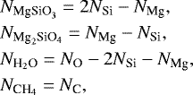 \begin{eqnarray*} & & N_{\textrm{MgSiO}_{3}} = 2 N_{\textrm{Si}} - N_{\textrm{Mg}}, \\ && N_{\textrm{Mg}_{2}\textrm{SiO}_{4}} = N_{\textrm{Mg}} - N_{\textrm{Si}}, \\ && N_{\textrm{H}_{2}\textrm{O}} = N_{\textrm{O}} - 2 N_{\textrm{Si}} - N_{\textrm{Mg}}, \\ && N_{\textrm{CH}_{4}} = N_{\textrm{C}}, \end{eqnarray*}