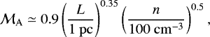 \begin{equation*} \mathcal{M}_{\mathrm{A}}\simeq 0.9 \left(\frac{L}{\mathrm{1~pc}}\right)^{0.35}\left(\frac{n}{100~\mathrm{cm}^{-3}}\right)^{0.5},\end{equation*}