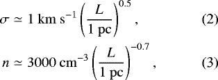 \begin{eqnarray}\sigma &\simeq &1 \mathrm{~km~s}^{-1} \left(\frac{L}{\mathrm{1~pc}}\right)^{0.5},\\ n &\simeq &3000 \mathrm{~cm}^{-3} \left( \frac{L}{\mathrm{1~pc}}\right)^{-0.7},\vspace*{-12pt}\end{eqnarray}