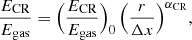 $$ \begin{aligned} \frac{E_{\rm CR}}{E_{\rm gas}} = \Big ( \frac{E_{\rm CR}}{E_{\rm gas}} \Big )_0\,\Big (\frac{r}{\Delta x}\Big )^{\alpha _{\rm CR}}, \end{aligned} $$