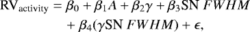 \begin{eqnarray*} \textrm{RV}_{\text{activity}} &=& \beta_{0} &#x002B; \beta_{1} A &#x002B; \beta_{2} \gamma &#x002B; \beta_{3} \text{SN $FWHM$}\nonumber\\ && &#x002B;\; \beta_{4} (\gamma \text{SN $FWHM$})&#x002B;\epsilon,\vspace*{-4pt}\end{eqnarray*}