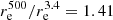 $ r_\mathrm{e}^{500}/r_\mathrm{e}^{3.4}=1.41 $