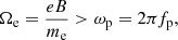 $$ \begin{aligned} \Omega _{\rm e} = \frac{eB}{m_{\rm e}} > \omega _{\rm p} = 2 \pi f_{\rm p}, \end{aligned} $$