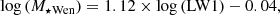 $$ \begin{aligned} {\mathrm{log} }\left({M_\star }_\mathrm{Wen} \right) = 1.12\times \mathrm{log} \left(\mathrm{LW1} \right) - 0.04, \end{aligned} $$