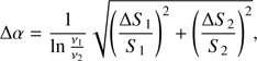 $$ \begin{aligned} \Delta \alpha = \frac{1}{ \ln \frac{\nu _1}{\nu _2}} \sqrt{\left(\frac{\Delta S_1}{S_1}\right)^{2} + \left(\frac{\Delta S_2}{S_2}\right)^{2}}, \end{aligned} $$