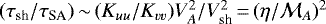$(\tau_{\textrm{sh}}{/}\tau_{\textrm{SA}}){\,\sim\,}(K_{uu}{/}K_{vv}) V_A^2{/}V_{\text{sh}}^2{\,=\,}(\eta/{\cal M}_A)^2$